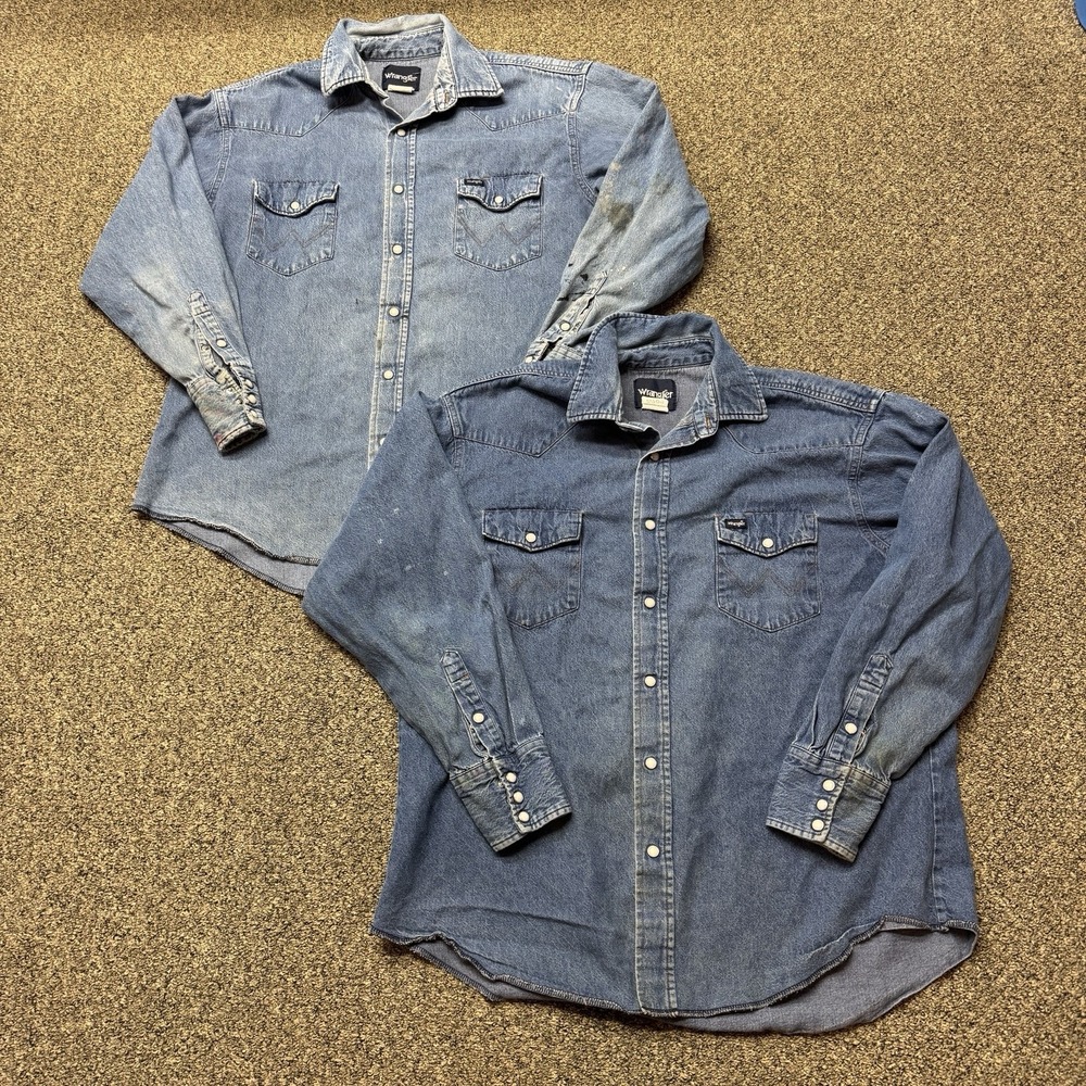 2 Vtg Wrangler Denim Shirt Mens 17x35 XL Pearl Snap Western Made in USA READ